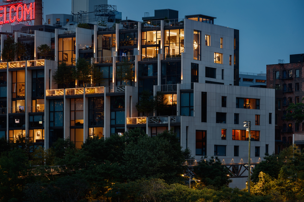 Pierhouse building exterior at dusk