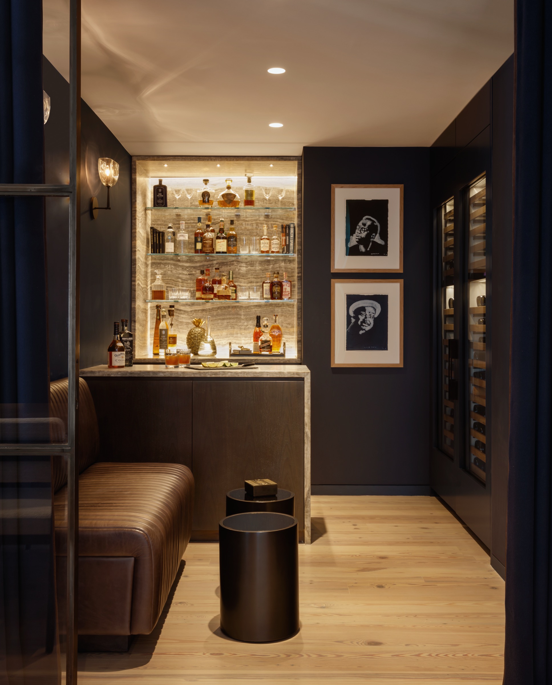 Speakeasy bar with onyx and wine storage