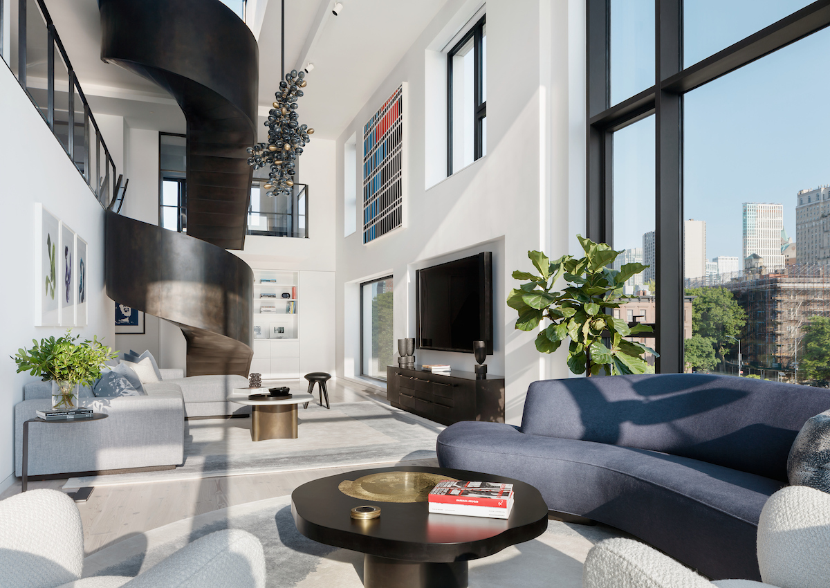 Double-height living room with Manhattan views